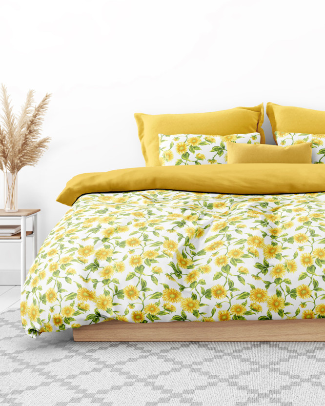 Bavlnené posteľné obliečky Duo - slnečnice s medovo žltou