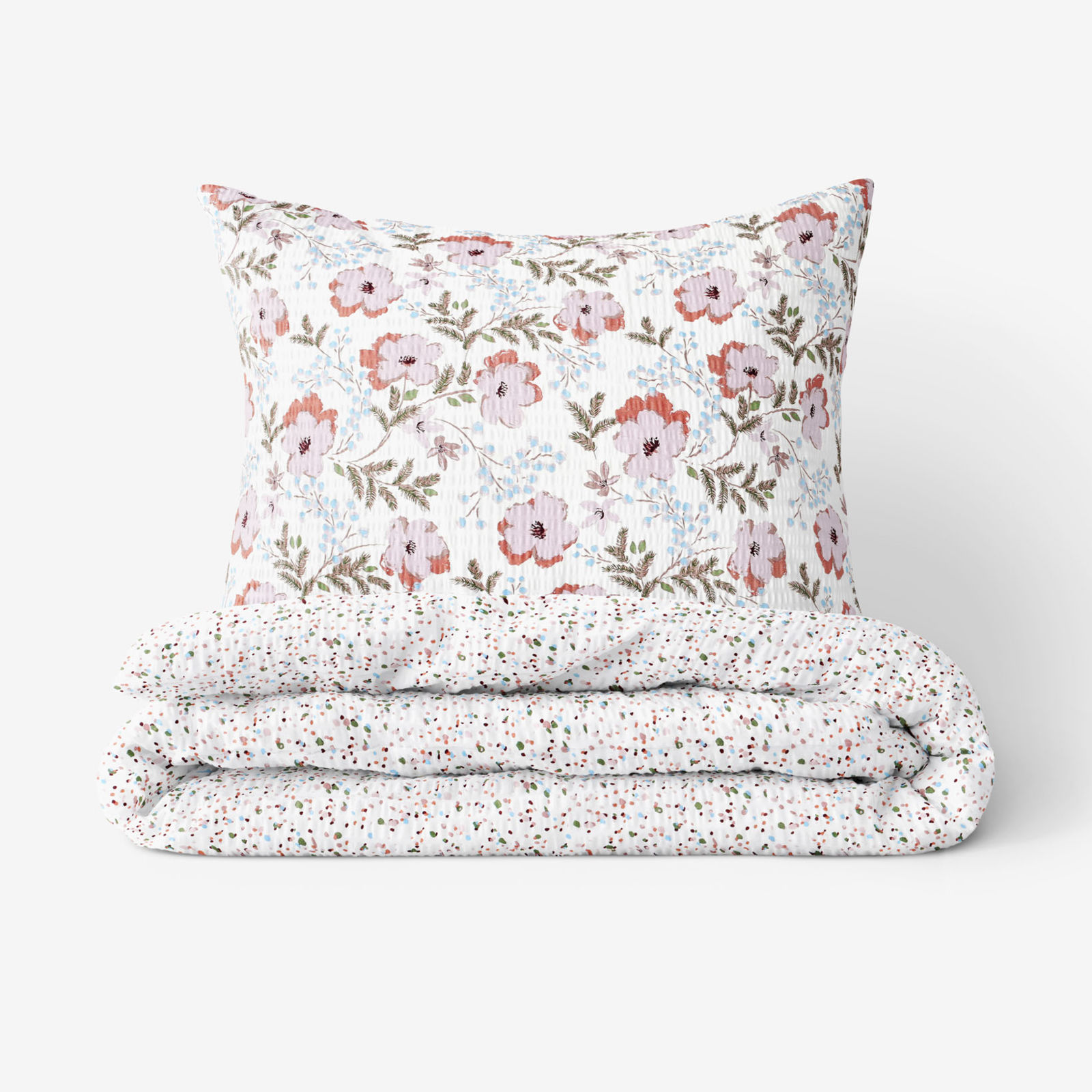 Krepové posteľné obliečky - sivohnedé kvety s farebnými drobnými tvarmi