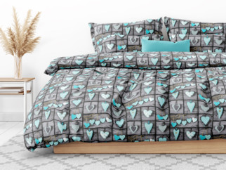 Bavlnené posteľné obliečky - vzor 525 tyrkysová srdce na tmavo sivom