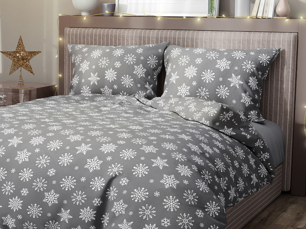 Vianočné bavlnené posteľné obliečky - vločky na sivom