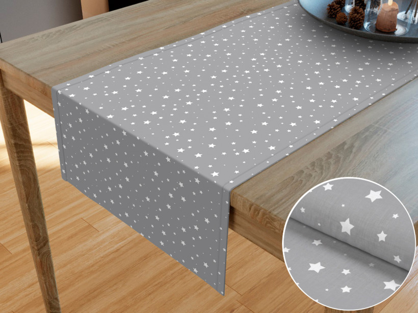 Behúň na stôl 100% bavlnené plátno - drobné biele hviezdičky na sivom