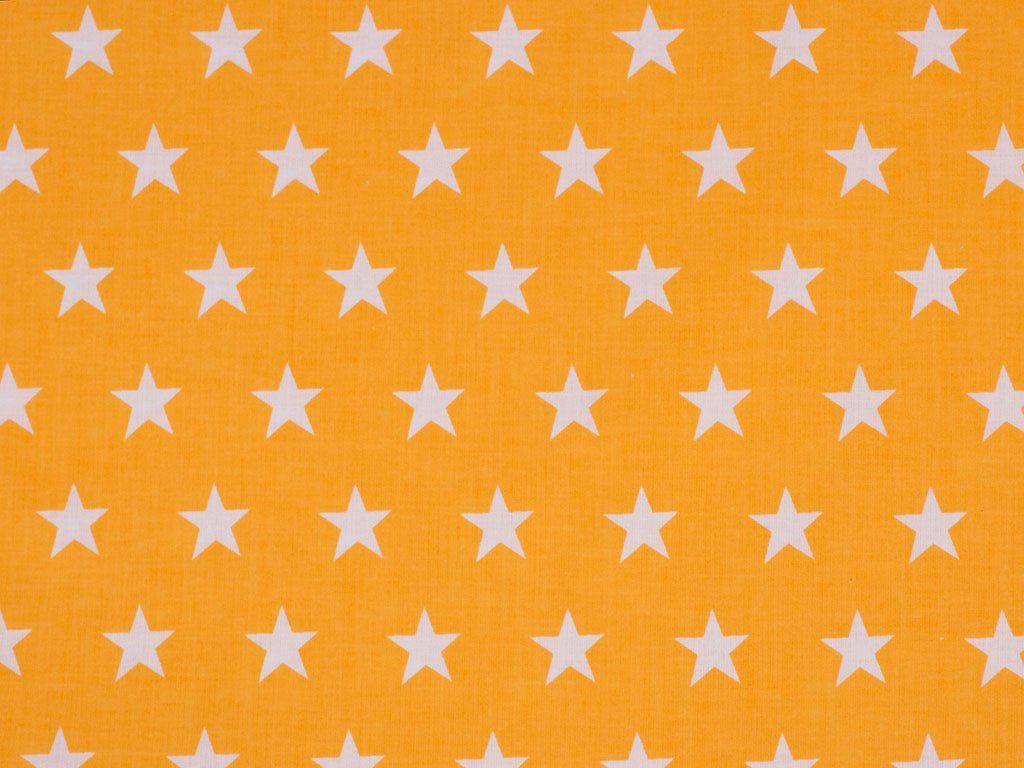 Bavlnené plátno - biele hviezdičky na žlto oranžovom