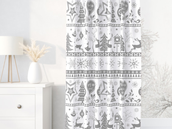 Vianočný bavlnený záves - vzor vianočné symboly na bielom