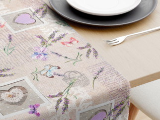 Dekoračný behúň na stôl LONETA - srdce s motýľmi a levanduľami na režnom