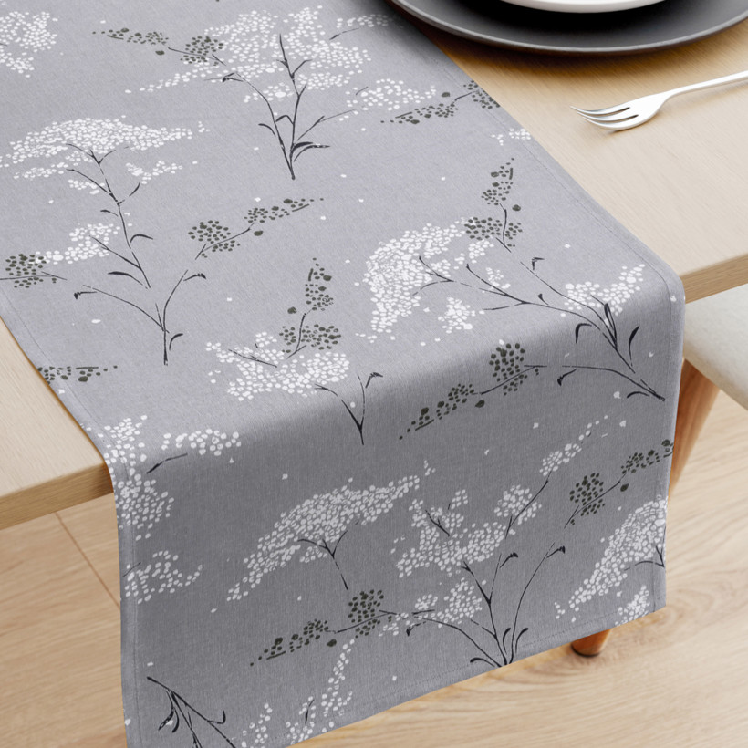 Behúň na stôl 100% bavlnené plátno - japonské kvety na sivom