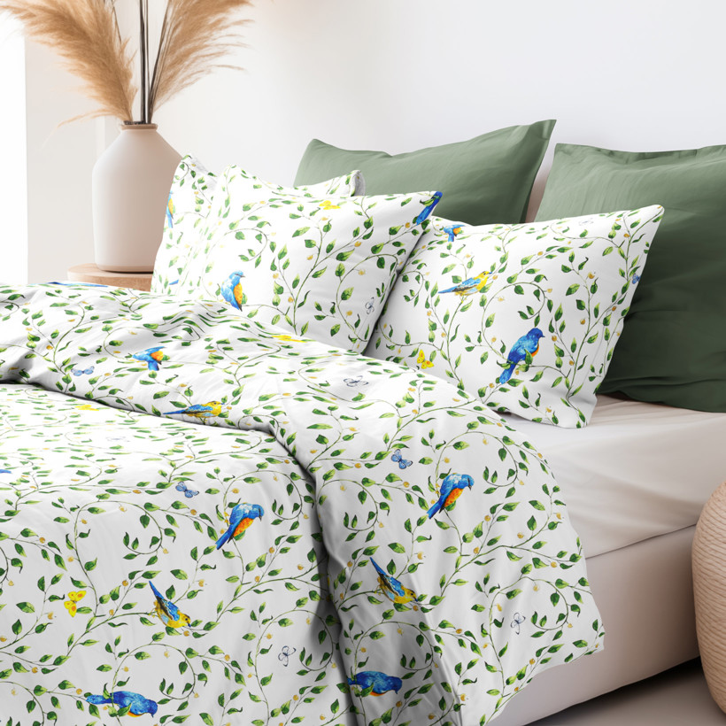 Bavlnené posteľné obliečky - farebné vtáčiky v záhrade