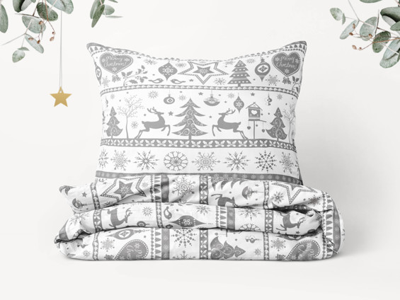 Vianočné bavlnené posteľné obliečky - vzor B-818 vianočné symboly na bielom