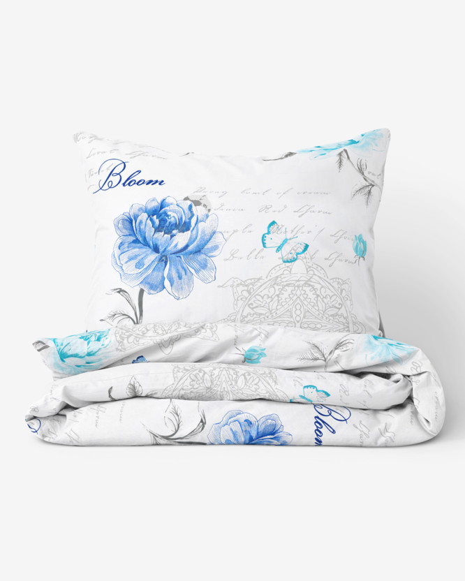 Bavlnené posteľné obliečky - modré pivonky s textami