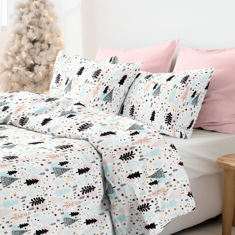 Vianočné bavlnené posteľné obliečky - farebné stromčeky s hviezdičkami