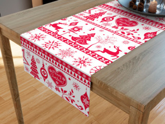 Vianočný bavlnený behúň na stôl - vzor červené vianočné symboly na bielom