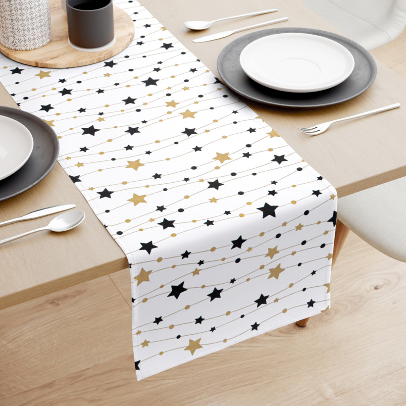 Vianočný behúň na stôl 100% bavlnené plátno - zlaté a čierne hviezdičky na bielom
