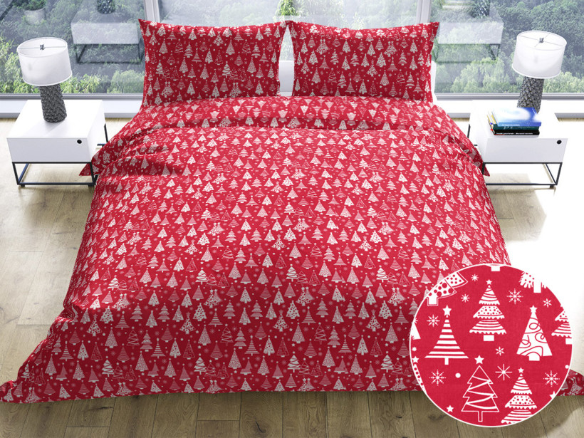 Vianočné bavlnené posteľné obliečky - stromčeky na červenom
