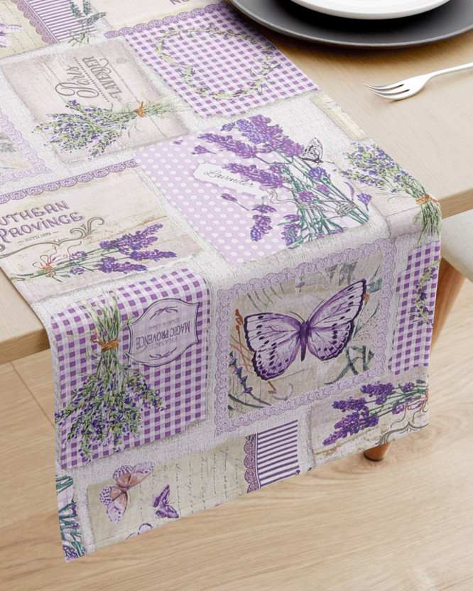 Behúň na stôl 100% bavlnené plátno - patchwork levanduľou s motýľmi