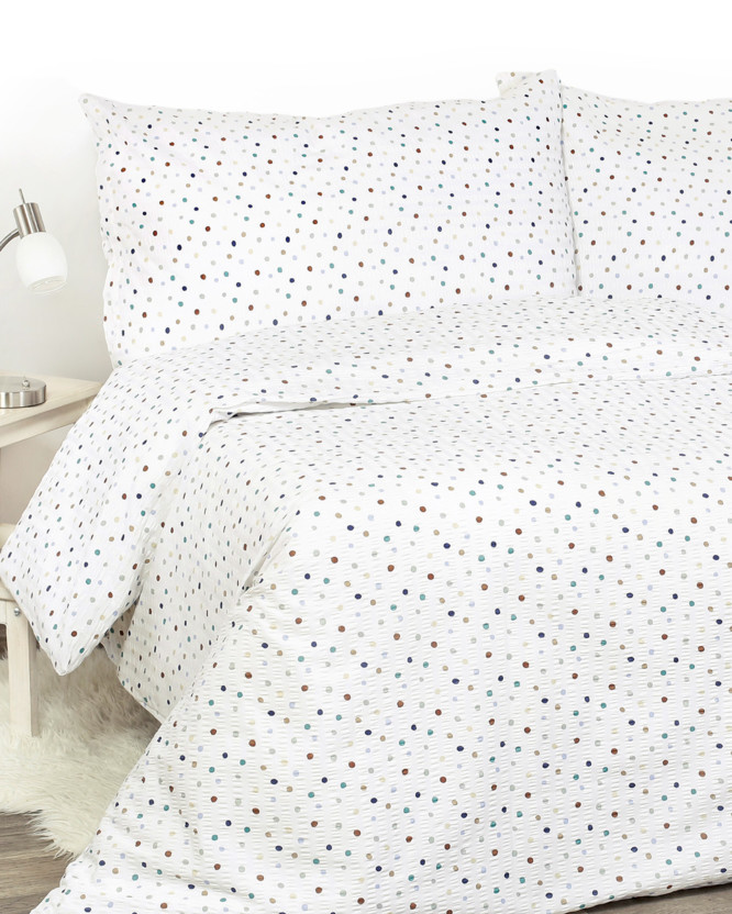Krepové posteľné obliečky - farebné bodky na bielom