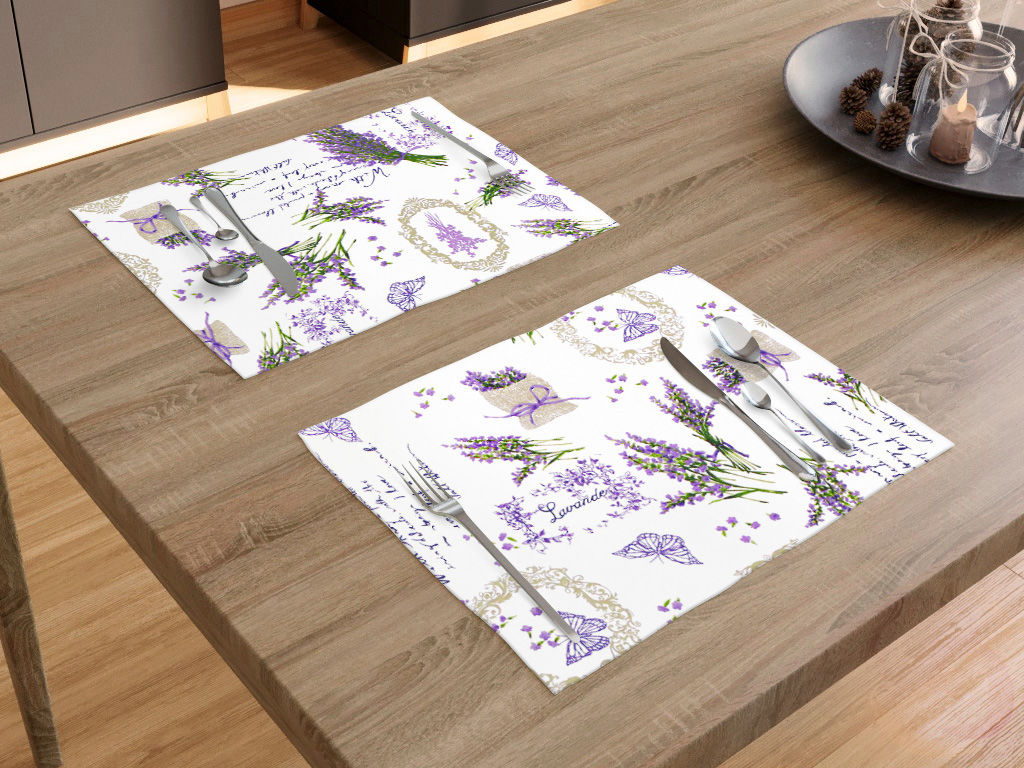 Prestieranie na stôl 100% bavlnené plátno - levanduľa a motýle s textami - sada 2ks