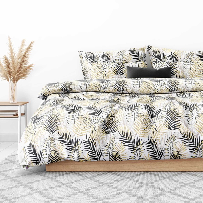 Saténové posteľné obliečky Deluxe - žlté a čierne palmové listy
