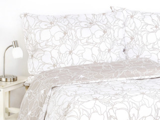 Luxusné obliečky z bavlneného saténu - vzor 1007 biele kvety na svetle béžovom