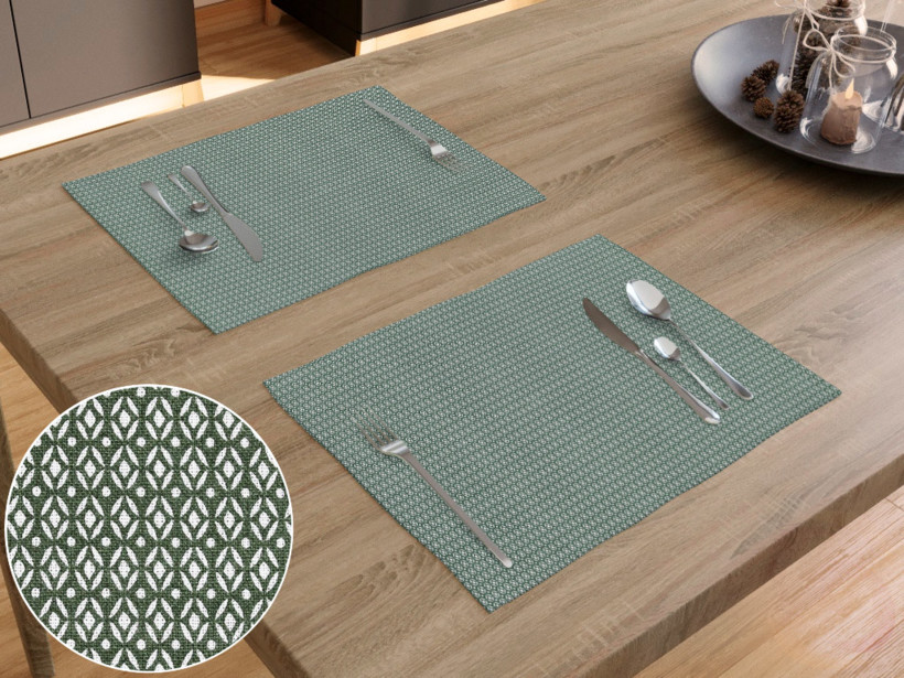 Prestieranie na stôl 100% bavlnené plátno - geometrické tvary na tmavo zelenom - sada 2ks
