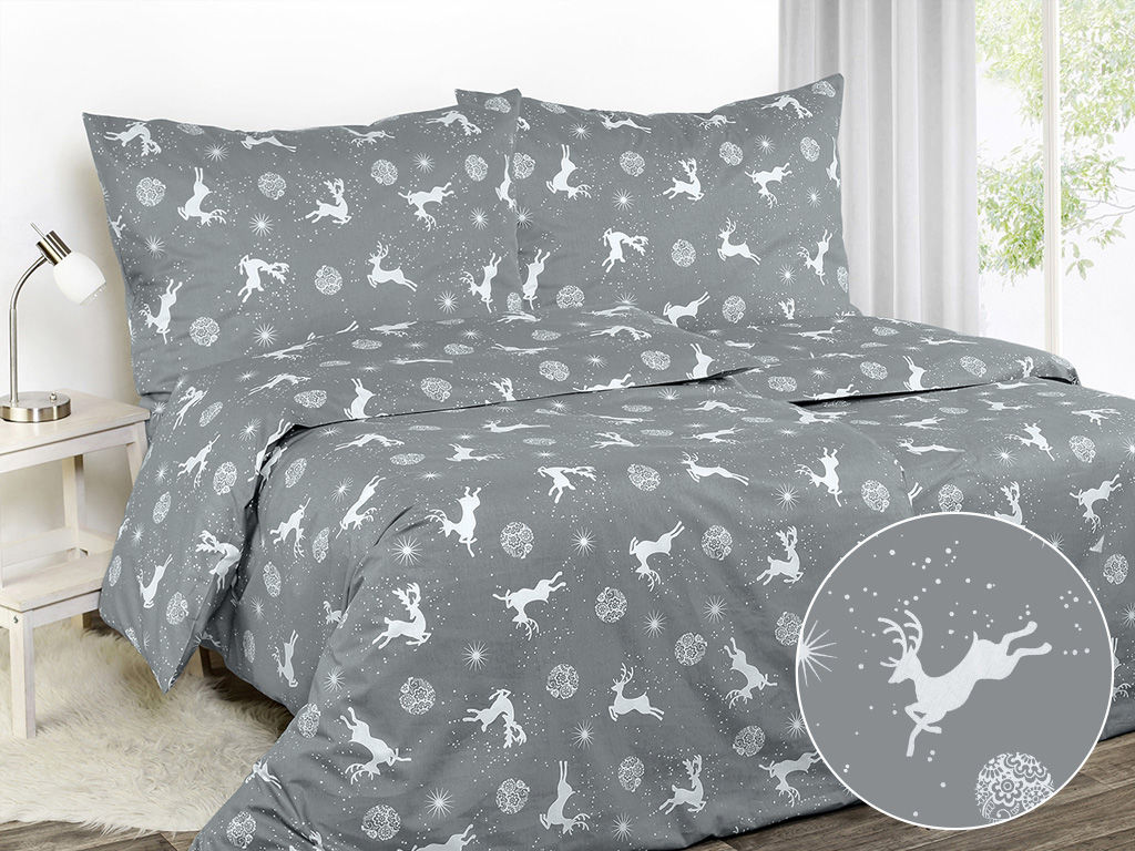 Vianočné bavlnené posteľné obliečky - soby na sivom