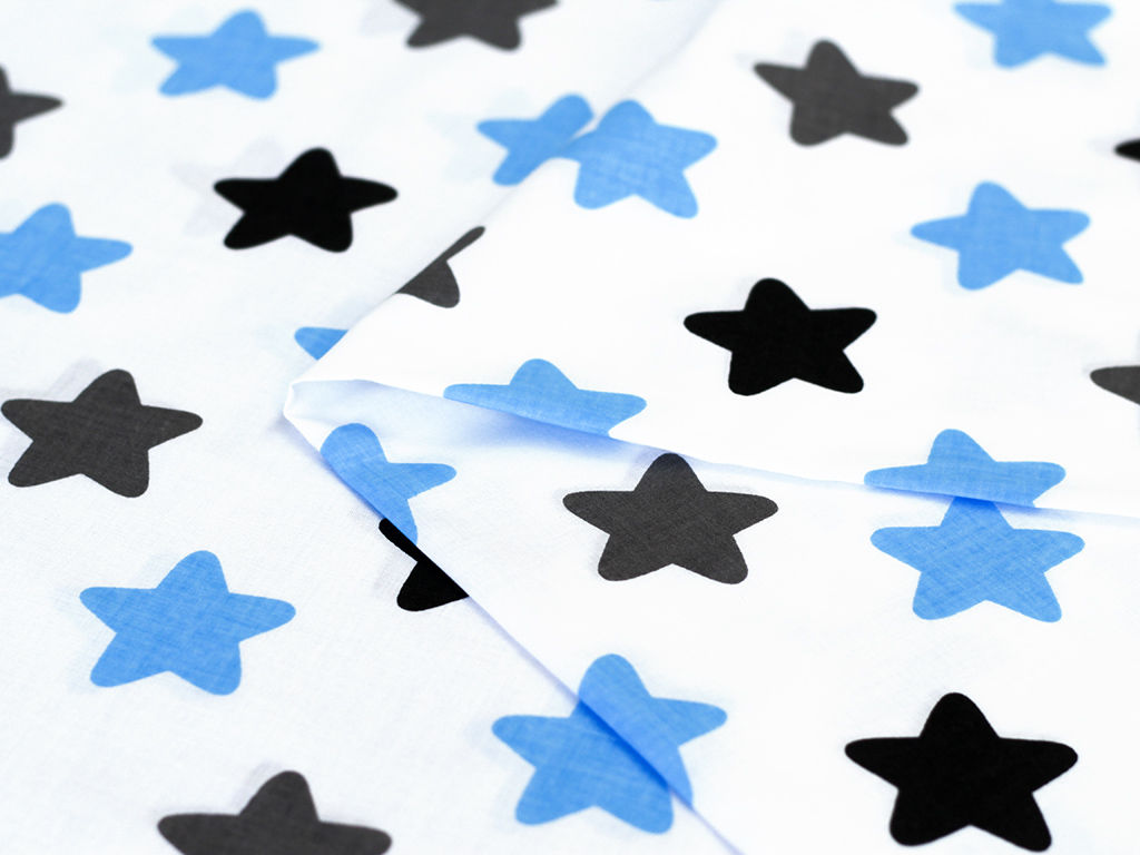 Bavlnené plátno - modré a čierne hviezdy na bielom
