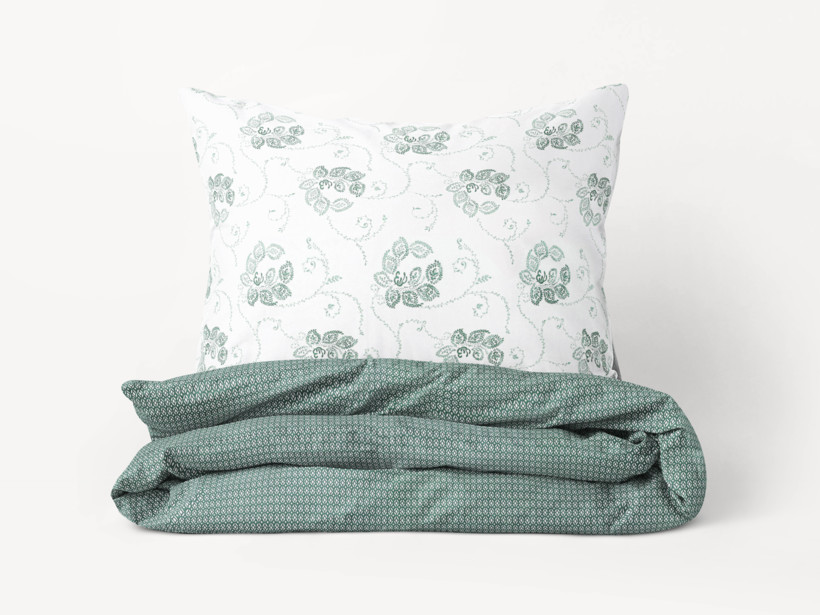 Bavlnené posteľné obliečky - tmavo zelené kvetované ornamenty s geometrickými tvarmi