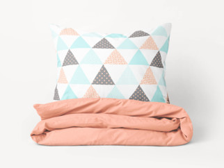 Bavlnené posteľné obliečky Duo - tyrkysovo-lososové trojuholníky s lososovou