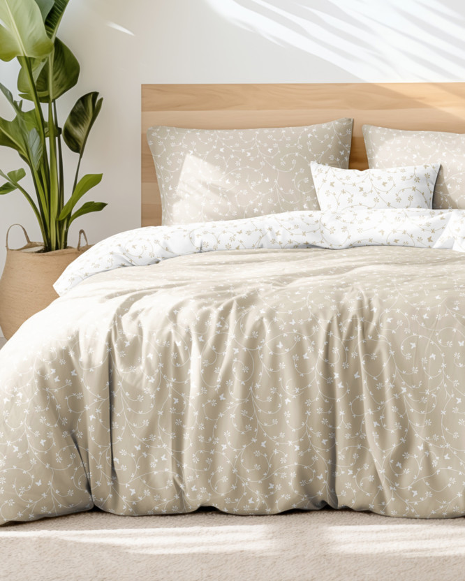 Bavlnené posteľné obliečky - kvietky a motýle so zlatisto béžovou