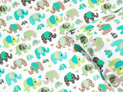 Detské bavlnené obliečky - vzor zelení slonici na bielom