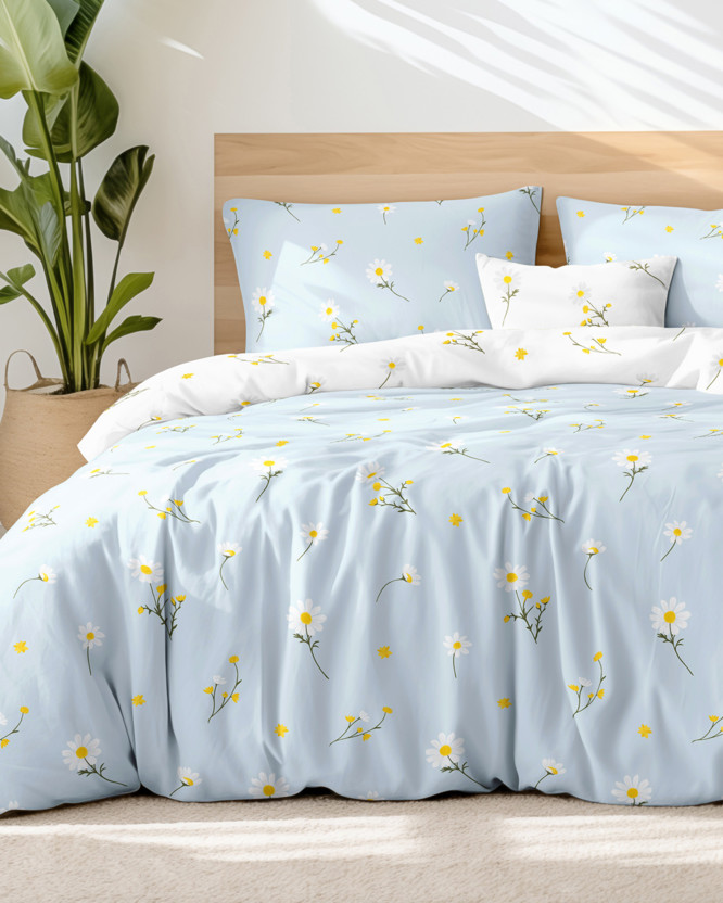 Bavlnené posteľné obliečky - harmanček so svetlo modrou