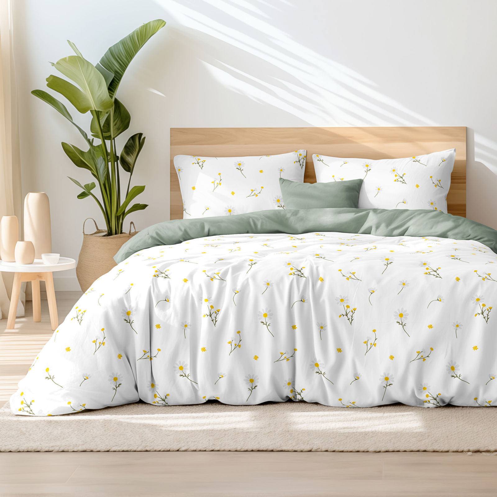Bavlnené posteľné obliečky Duo - harmanček s šalvejovo zelenou
