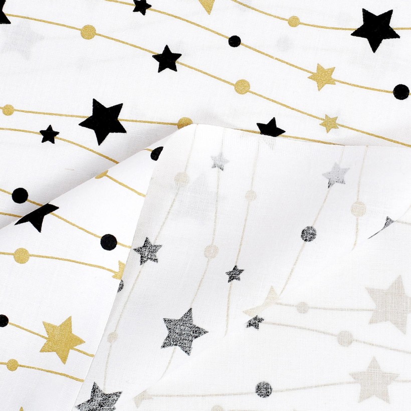 Vianočné bavlnené plátno - zlaté a čierne hviezdičky na bielom