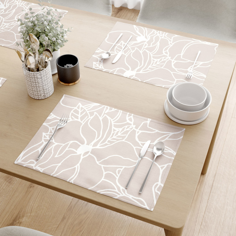 Prestieranie na stôl 100% bavlnené plátno - biele kvety na svetlo béžovom - sada 2ks