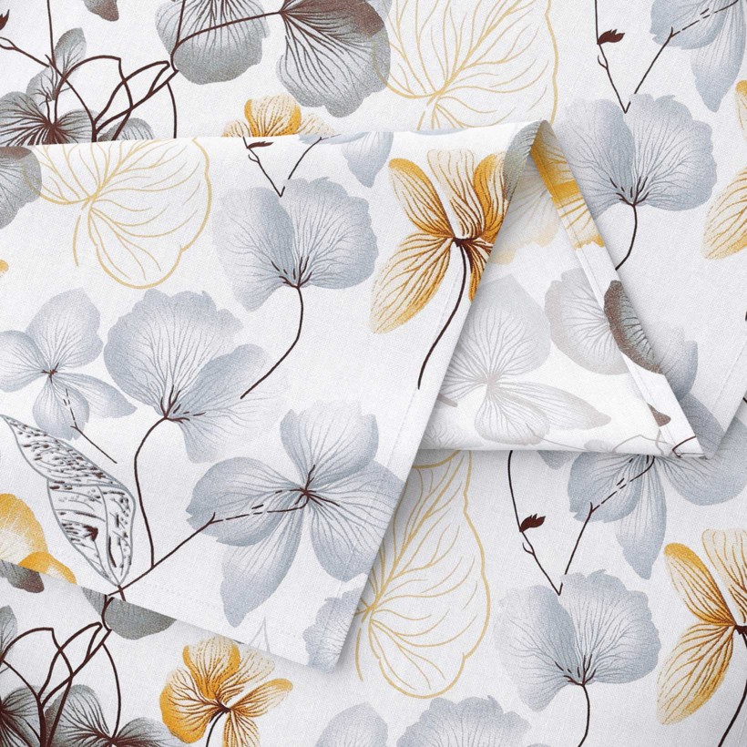 Okrúhly obrus 100% bavlnené plátno - sivo-hnedé kvety s listami