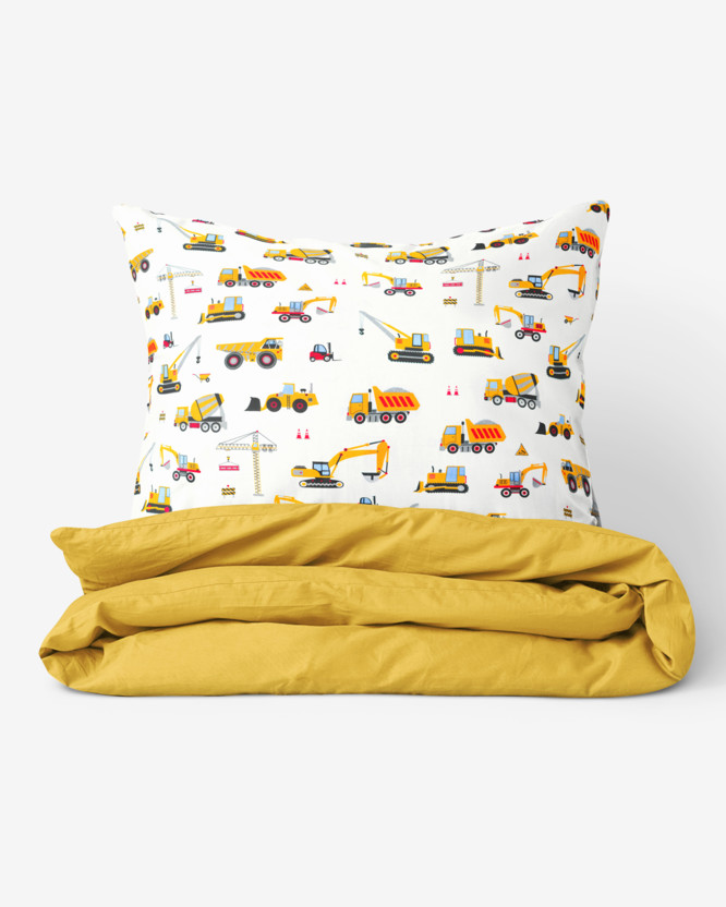Detské bavlnené obliečky Duo - nákladné autá a bagre s medovo žltou