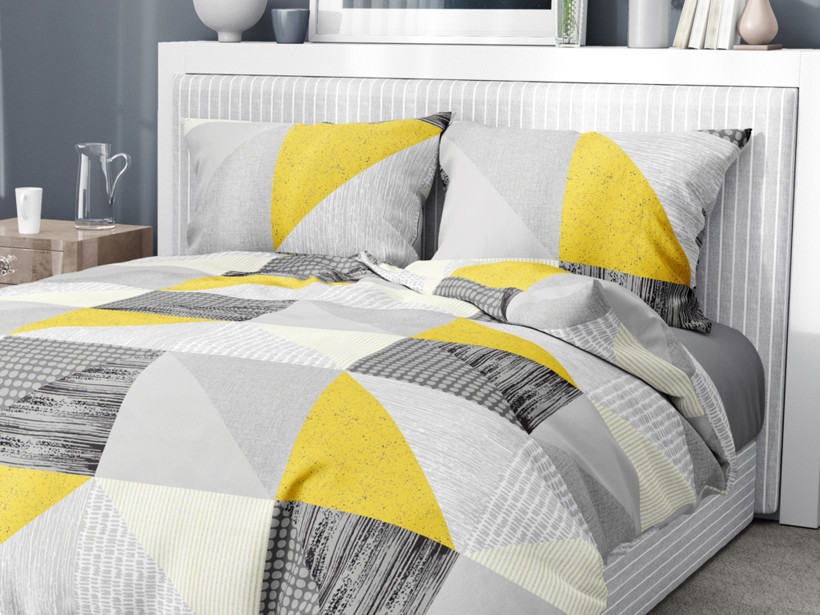 Bavlnené posteľné obliečky - žltosivé moderné trojuholníky