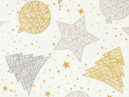 Vianočná dekoračná látka VERONA - vzor sivé a zlaté vianočné symboly na smotanovom - šírka 140cm