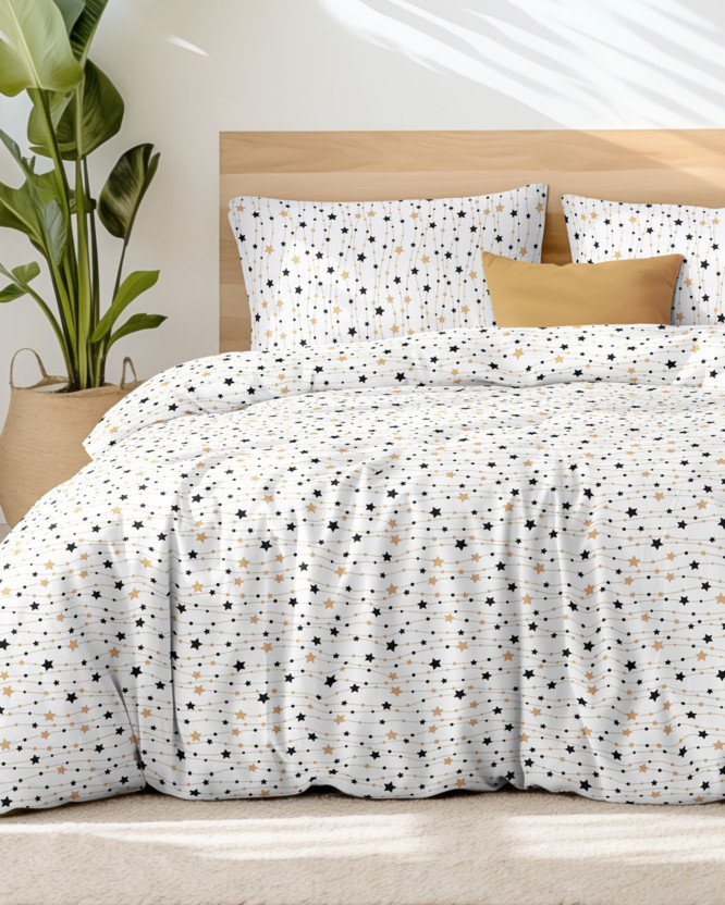 Bavlnené posteľné obliečky - zlaté a čierne hviezdičky na bielom