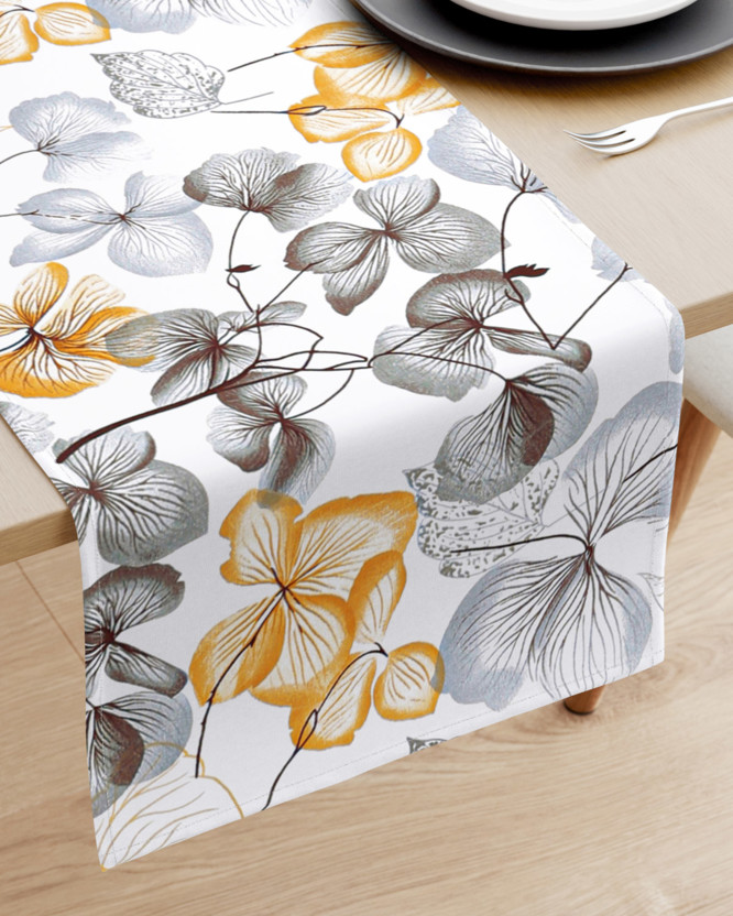 Behúň na stôl 100% bavlnené plátno - sivo-hnedé kvety s listami