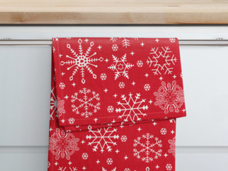 Vianočná kuchynská bavlnená utierka - vzor 090 snehové vločky na červenom