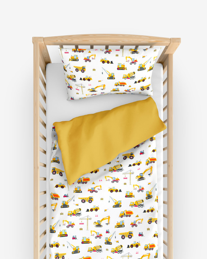 Detské bavlnené obliečky do postieľky Duo - nákladné autá a bagre s medovo žltou