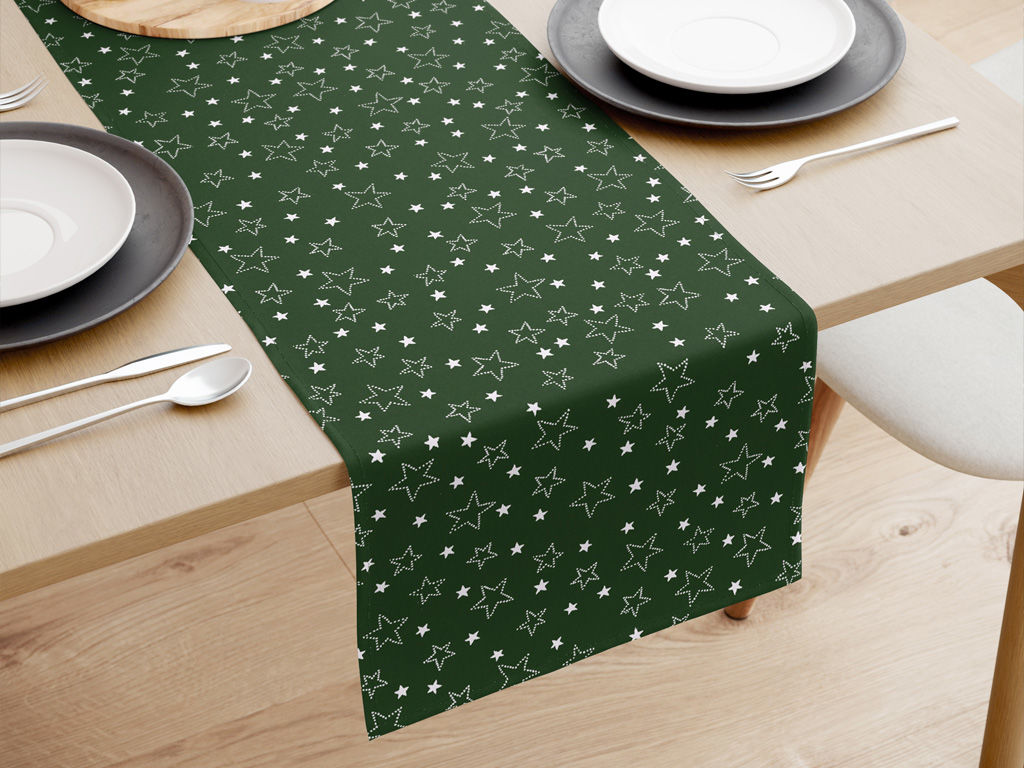 Behúň na stôl 100% bavlnené plátno - biele hviezdičky na zelenom