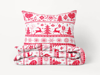 Vianočné bavlnené posteľné obliečky - vzor B-1068 červené vianočné symboly na bielom