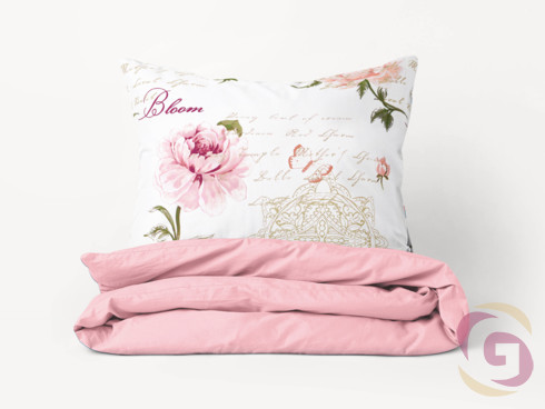 Bavlnené posteľné obliečky Duo - pivonky s textami s pastelovo ružovou