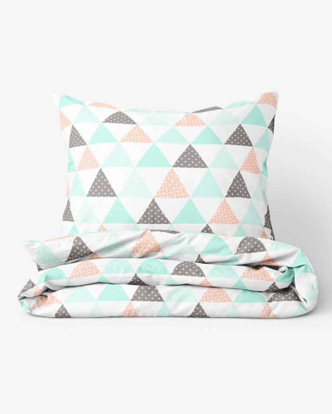 Bavlnené posteľné obliečky - tyrkysovo-lososové trojuholníky