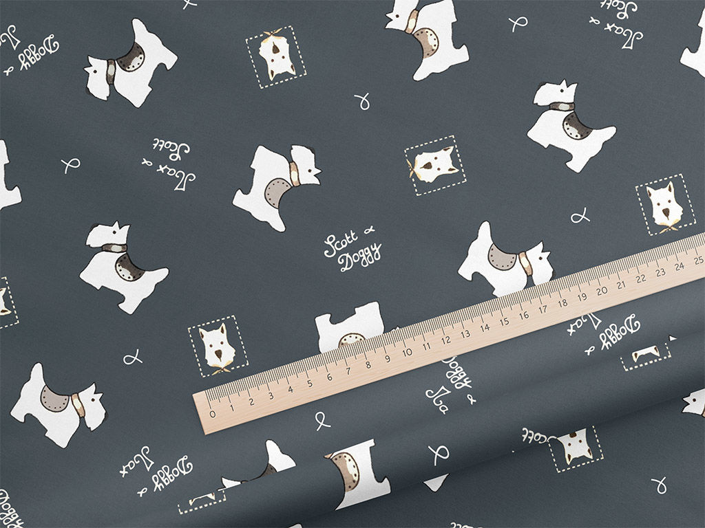 Bavlnené plátno - psíkovia Scotty & Max na sivomodrom