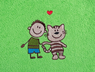 Detský froté uterák LILI 30x50 cm zelený  - vzor chlapec a mačka
