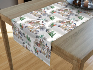 Vianočný dekoračný behúň na stôl - vzor zasnežené mestečko
