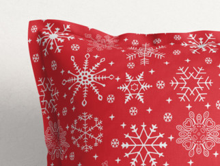 Vianočná bavlnená obliečka na vankúš s ozdobným lemom - vzor snehové vločky na červenom