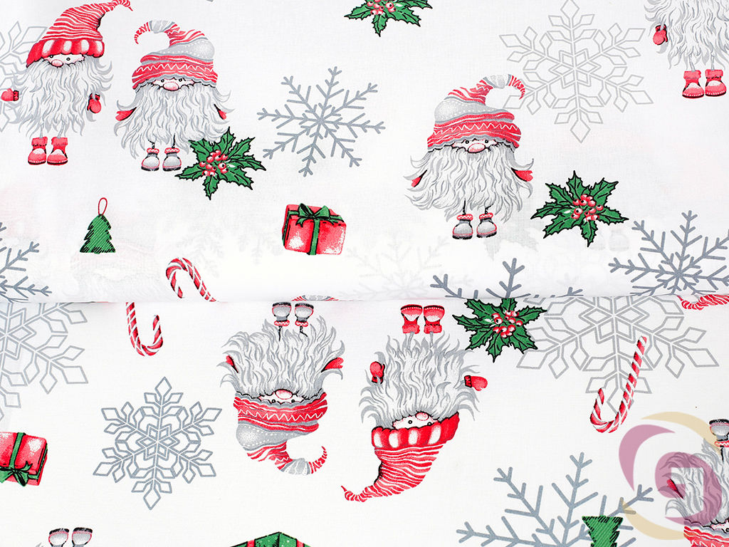 Bavlnené plátno SIMONA - vianočný vzor 1060 škriatkovia na bielom