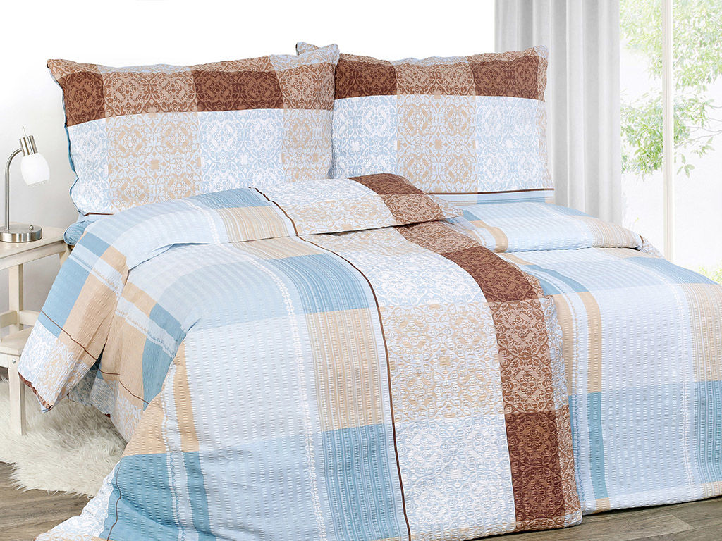 Krepové posteľné obliečky - zámocké ornamenty na modro-hnedom